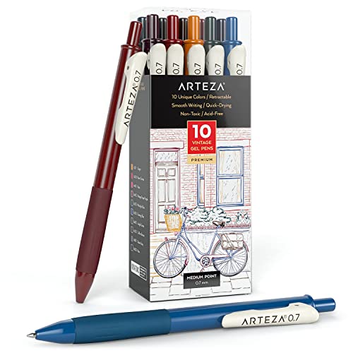 ARTEZA bunte Gelschreiber, 10er-Pack Gelstifte mit unique Vintage Farben, farbsortierte Kugelschreiber mit Geltinte, einziehbarer 0.7 mm Stiftspitze für Journaling, Doodling, Zeichnungen, Notizen Cover