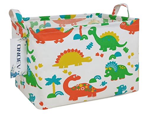 Image of Rectangular Dinosaur Laundry Storage Bin for Adults and Kids | Damp resistant canvas fabric, sturdy stitched carry handles, foldable design organizes closet and playroom daily supplies