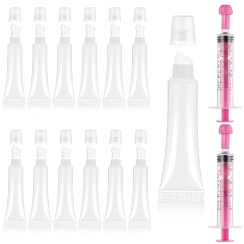 12pcs Empty Lip Gloss Tubes - 8ml Clear Lip Balm Containers with 2pcs 5ml Syringes,Refillable Balm Squeeze Tube Mini Cosmetic Soft for DIY Gloss and Travel Toiletries