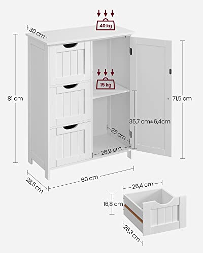 VASAGLE Badezimmerschrank, schmaler Badschrank, Beistellschrank, Kommode, mit 3 Schubladen, Schranktür, verstellbare Ablage, 30 x 60 x 80 cm, wolkenweiß BBC49WT