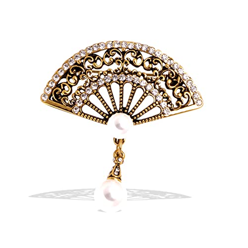 Image of Pearl Fan Brooch Chinese Fan Brooch Rhinestone Pearl Brooch for Women Lady Girl