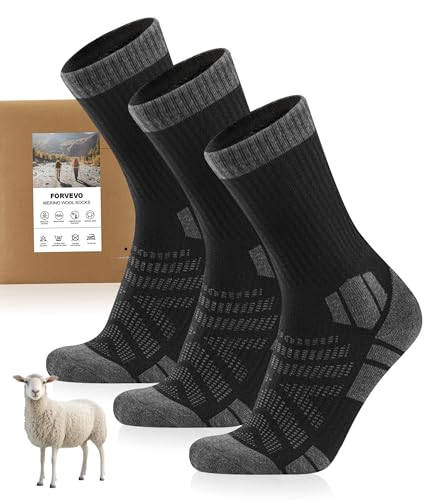 FORVEVO Calcetines de senderismo Merino para hombre y mujer, 3 pares, 60% lana, acolchados, térmicos, de invierno, calcetines deportivos para trekking al aire libre, 43-46
