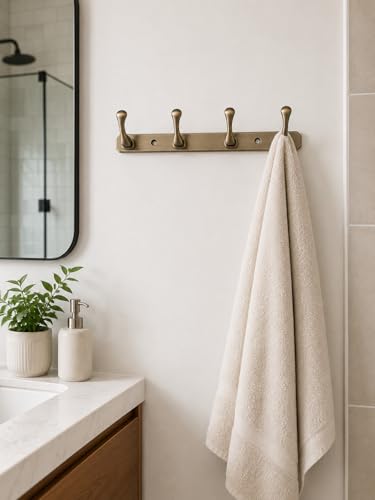 Image of ELUVIA Zinc Alloy 4 Hook Wall Hook Rail, Heavy Duty Wall Mounted Coat Hook for Clothes, Towels, Keys & Bags, Antique Brass Finish, Pack of 2, Bathroom Kitchen Bedroom Organizer