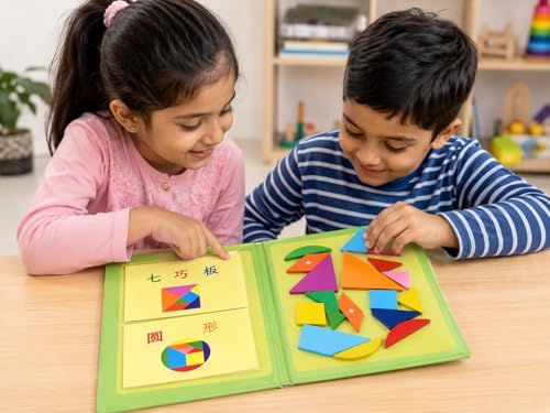 Image of Magnetic Tangram Puzzle for Kids, Wooden Educational Puzzle Toy, Toys for 4-10 Years Montessori Puzzle Game, Educational STEM Activity Book (17 pcs Tangram)