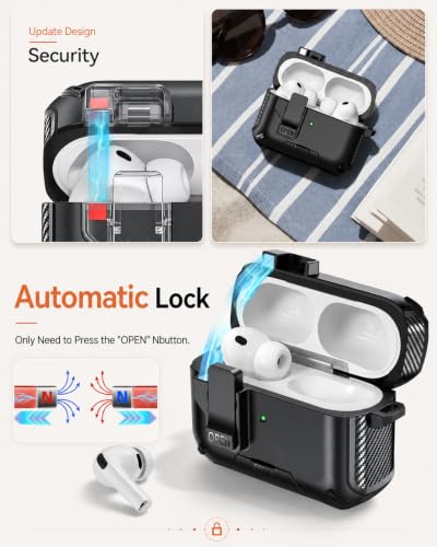 Image of for AirPods Pro 3 Case with Lock (Black) | Compatible with MagSafe,with Phone Stand,with Automatic Snap Switch Carbon Fiber Design Protection Cover with Cleaning Pen