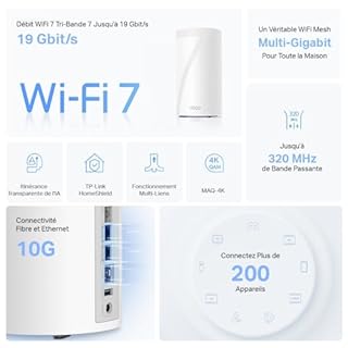 TP-Link Deco WiFi 7 Mesh BE19000 tri-Bande Deco BE85(1-Pack), Port Ethernet/Fibre 10 Gbit/s, Vitesse WiFi jusqu'à 19 Gbit/s, WPA3, canaux 320 MHz, 6 GHz