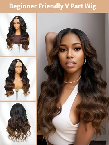 Image of Beauty Forever V Part Wigs Human Hair Loose Wave Black to Chestnut Brown Face Framing Small Leave Out Vpart Drawstring Wig No Glue No Sew In Upgrade U Part Wigs Beginner Friendly 150% Density 20inch