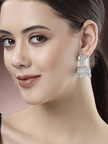 Image of Karatcart Women Silver Plated Blue American Diamond Studded Jhumki Earrings