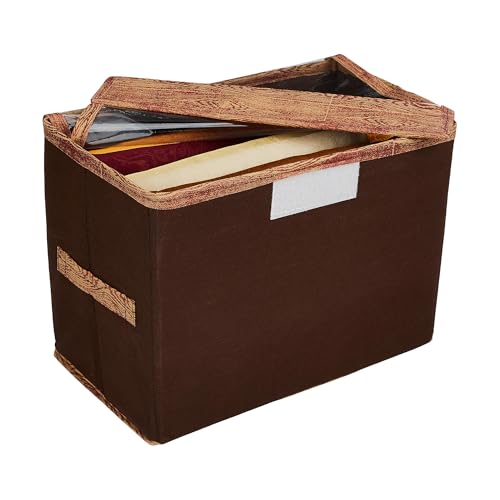 Image of Amazon Brand - Solimo Dot Printed Foldable Large Non-Woven Storage Box|Tranasparent Lid|Durable Handles|Size 42 x 27 x 31 CM (Brown)