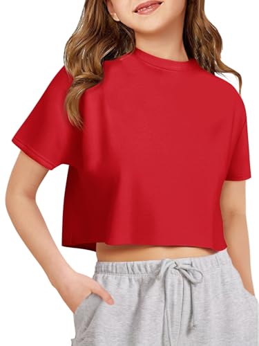 Image of Girls Athletic Oversized Crop Tops Kids Drop Shoulder Short Sleeve T Shirts Workout Tees 5-14 Years