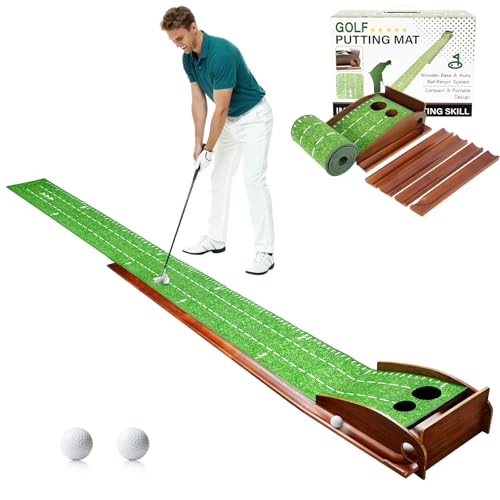 Indoor Golf Putting Mat with Auto Ball Return Golf Putting Green with Crystal Velvet Turf & Solid Wood Base Golf Training Aid for Men