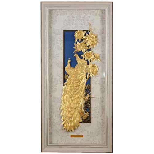 Image of Pk & Pk Jewellers Shiny Peacock Pair | 24KT Gold Rectangular Frame | White Frame Collection | Super Large Size [55x105 cm] (For Premium Luxury Gift, Home Decor, Wall Decoration)