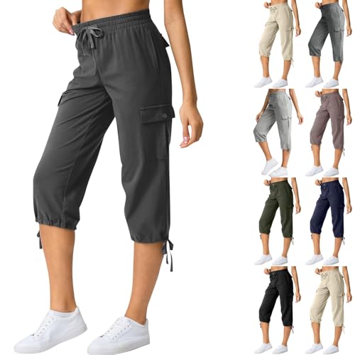 Womens Plus Size Capris Summer Casual Cargo Capris Plus Size Cotton Capri Pants with Pockets Drawstring Capri Sweatpants Outdoor Hiking Pants Elastic Waist Travel Pant Cargo Joggers for Camping Golf