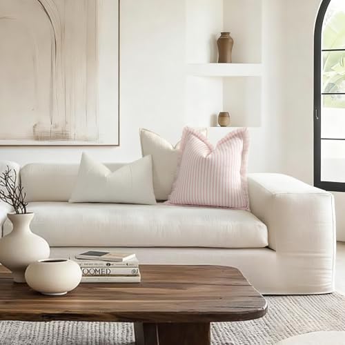 Image of ZWJD Throw Pillow Covers 20x20 Set of 2 Striped Pillow Covers with Fringe Chic Cotton Decorative Pillows Square Cushion Covers for Sofa Couch Bed Living Room Farmhouse Decor (Pink)
