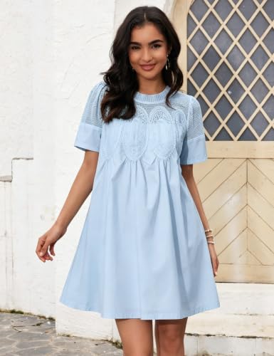 Image of Shiyifa Womens Babydoll Lace Patchwork Dresses Summer Short Sleeve Ruffle Sundress Loose Crew Neck A-Line Dresses