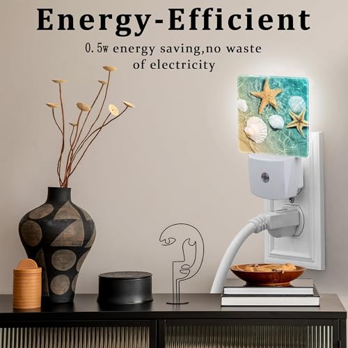 Image of Starfish and Seashell Night Light Plug into Wall, Summer Beach Ocean Waves Dusk to Dawn Night Light Plug in,0.5w Energy Saving Sleep Friendly NightLight for Kids Boys Girls Home Decor