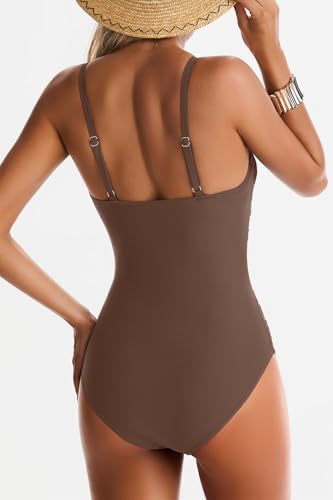 EVOCRCO One Piece Swimsuit for Women Tummy Control Mesh Bathing Suits Sexy Push Up Swimsuits Slimming Square Neck Swimwear Brown - 3