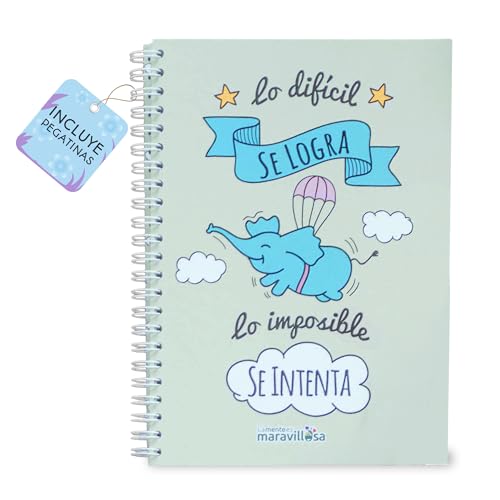 LA MENTE ES MARAVILLOSA - Cuaderno A4 con Espiral, Tapa Dura y Frase |Lo Difícil se Logra, lo Imposible se Intenta| Libreta con Hojas de 90 g y Pegatinas, Regalo Original (Diseño Cerdifante)