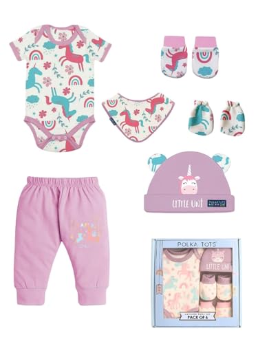 Image of POLKA TOTS Premium Cotton Newborn Baby Gifts Set (Pack of 6) | Ultra-soft, Breathable & Lightweight Baby Kit for New Born | Infant Clothes 0-3 Months | Baby Shower Gifts for Mom to Be & New Mothers