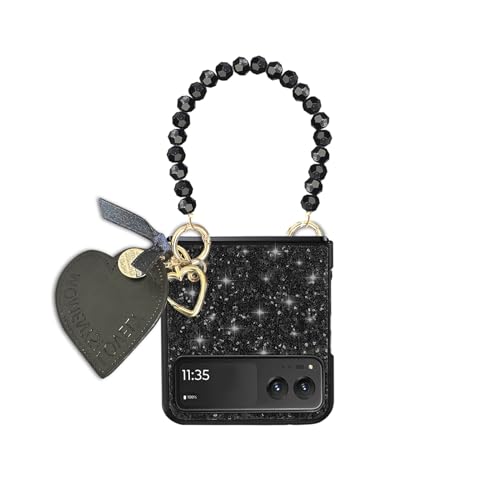 UMESEIL for Moto Razr 2023 Case with Two Chains, Motorola Razr 2023 Cute Case Cover, Stylish Bling Leather Design Slim Shockproof Phone Case for Razr 2023 Black