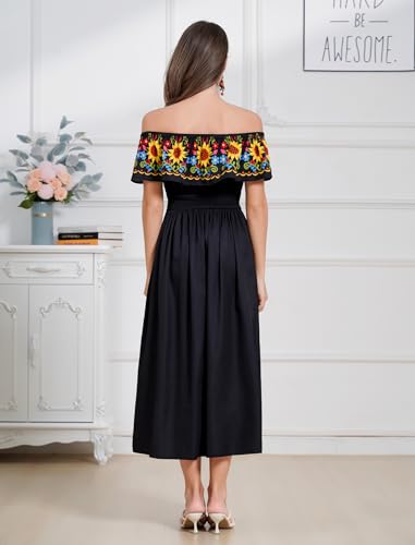 Image of IDOPIP Mexican Dress for Women Off Shoulder Traditional Mexican Fiesta Dress Floral Sunflower Cinco De Mayo Mexican Outfit