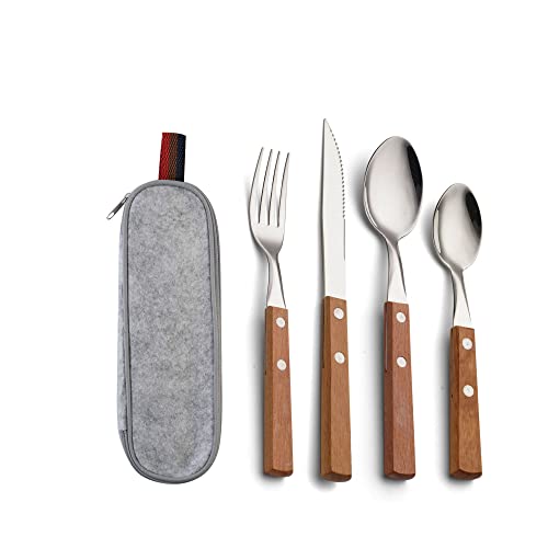 Forieru Tableware 304 Stainless Steel Cutlery 4 Piece Steak Knife Fork Spoon With Carrying Case Portable Travel Cutlery Set Wooden Handle Reusable Cutlery Designed For Families, Travel And Camping.