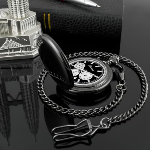 Image of BOSHIYA Smooth Quartz Pocket Watches for Men Multifunctional Chronograph Classic Vintage Mens Womens Pocket Watch with Chain Christmas Graduation Birthday Gifts Fathers Day