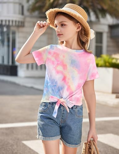 Image of Arshiner Girls Short Sleeve Shirts Tie Knot Front Tops T Shirts for Kids Crewneck Cute Casual Tie Dye Tee Blouse
