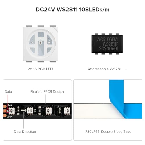 Image of SEZO WS2811 LED Strip Light 16.4FT 108 Pixel /M Individual Addressable LED Strip SMD5050 RGB Dream Color Programmable LED Light Strip Flexible 540LEDs DC5V IP30 Non-Waterproof Black PCB