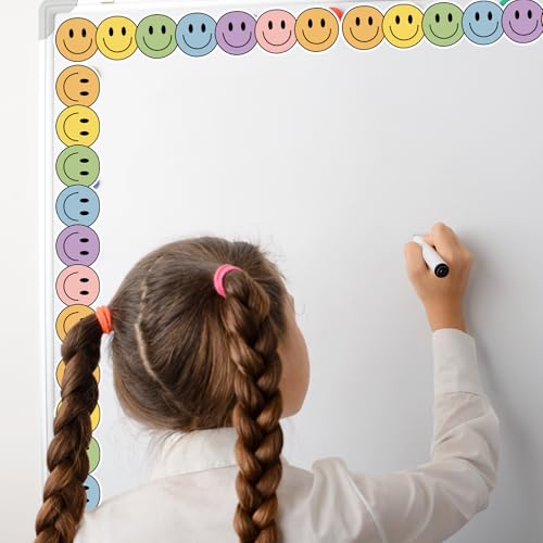Image of Whaline 24 Pcs Boho Happy Face Magnetic Bulletin Board Border Colorful Smile Face Magnetic Strips Border Trim for Back to School Office Classroom Decor