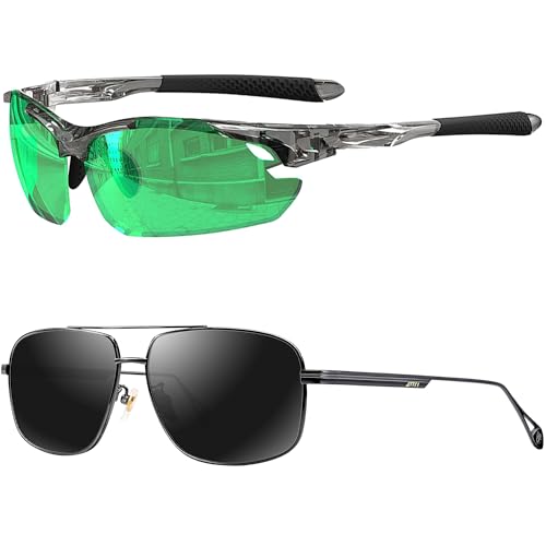 ATTCL Bundle Men's Vintage Driving Polarized Sunglasses Rectangular Metal Frame:(7027-C4-Clear+Green)+(2022-Black+grey)