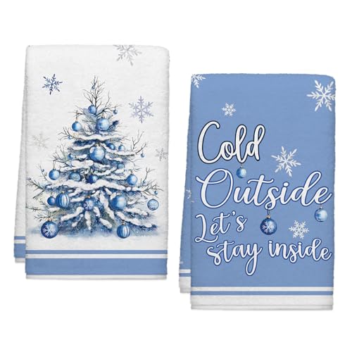 Image of Winter Ball Trees Blue Kitchen Towel Snowflakes Cold Outside Dish Towels Set of 2, Christmas Xmas Seasonal 18 x 26 Inch Hand Towel Quick Drying Dishcloth Decor for Kitchen Bathroom Home