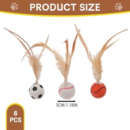 Image of Cat Ball, 6PCS Bouncy Ball with Feather for Indoor Cats, Interactive Kitten Toys for Kitten, Small Dog Toy Balls, Pet Toys with Basketball, Baseball, Badminton Designs
