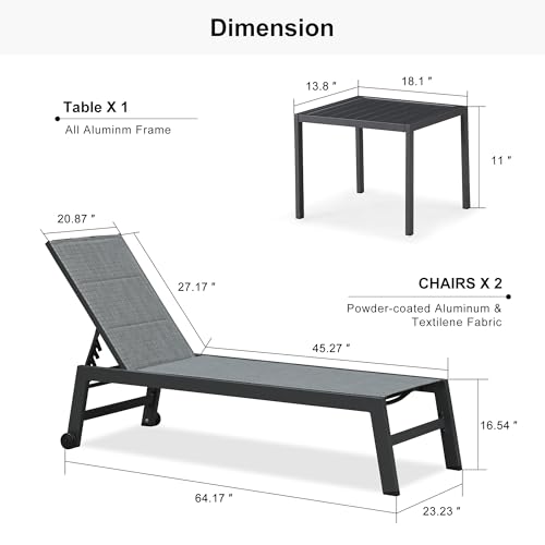 Image of PURPLE LEAF Outdoor Chaise Lounge Set of 2 Aluminum Patio Lounge Chair with Wheels and Side Table Pool Chaise Lounge Chair for Outdoor Backyard Poolside Mixed Grey (2 Lounges Chairs W /Table)