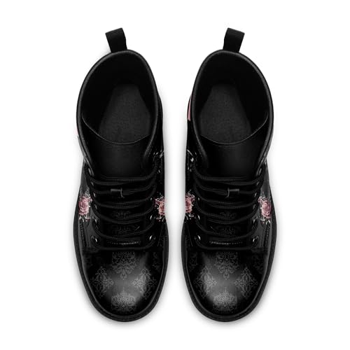 Womens Mens Gothic Combat Boots – Punk Rock Vegan Leather Ankle Booties Anti-Slip Skull & Roses Black Platform Work Boots3