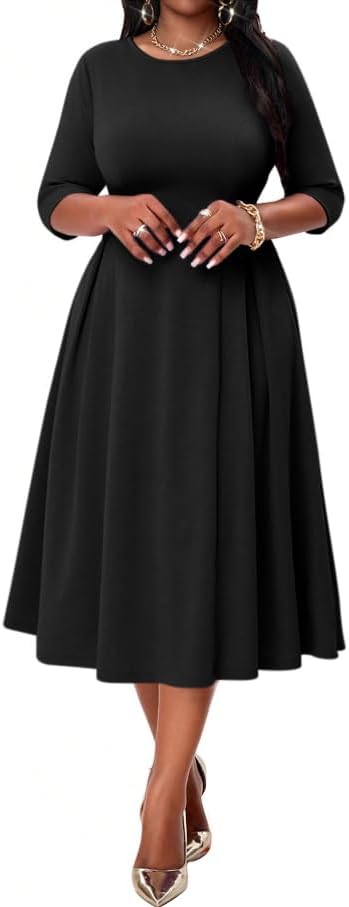 Nmoder Womens Cocktail Dress 3/4 Sleeve Elegant Church Dresses for Women Midi Work Crewneck Dress with Pockets