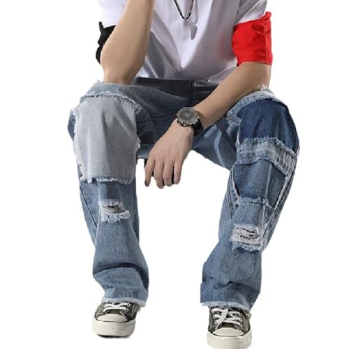 Mens Ripped Jeans Hip Hop Streetwear Baggy Denim Pants Wide Leg Frayed Hem Demin Jeans4