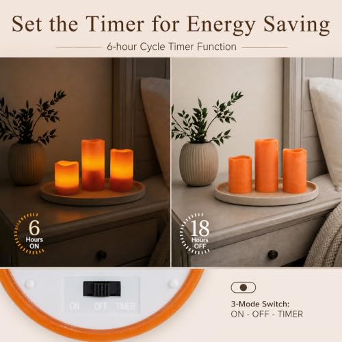 Image of Rhytsing Burnt Orange Real Wax Flameless Candles with Timer for Fall, 3 Pcs