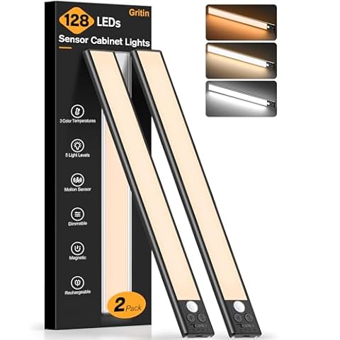 Gritin Lampa do szafy – 3 kolory i 5 poziomów jasności, 4 tryby, czujnik ruchu, trwała bateria 2500 mAh – łatwa instalacja, magnetyczna lampa do szafy – 2 sztuki