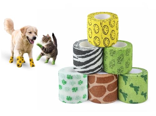 Image of Dog Bandage Cohesive Wrap for Paw & Leg | 5cm x 4.5m - Pack of 6 | Easy Tear, Fur Safe | Self Adhesive Elastic Vet Tape for Walking Protection, Wound Care & Licking Prevention Bandage Roll
