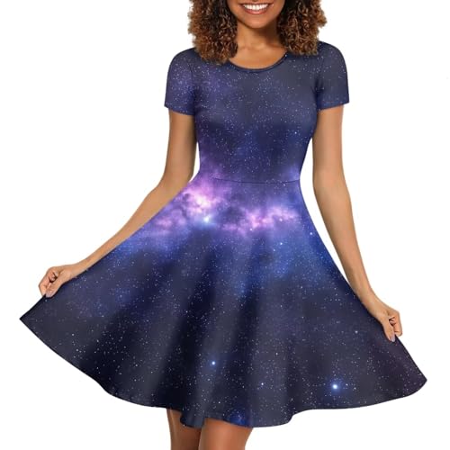 Image of HUGS IDEA Womens Puffy Swing Midi Dress Round Neck Short Sleeve Party A-Line Dresses