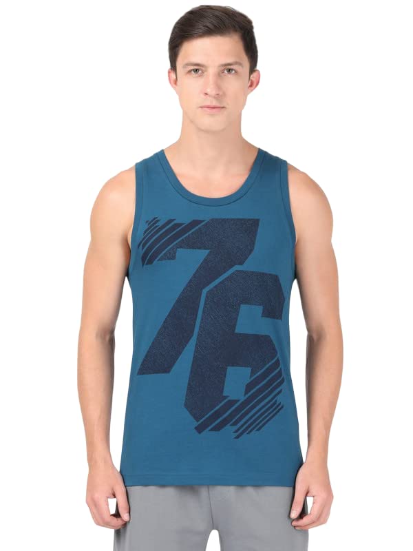 JockeyMen's Super Combed Cotton Rich Regular Fit Deep Round Neck Printed Tank Top_Pack of 1_Style_9928_Seaport Teal_L