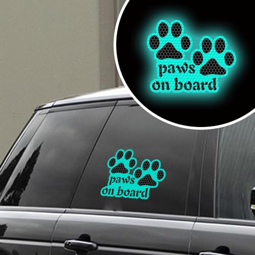 Image of 2pcs Reflective Paw Print Decal Dog Paws on Board Car Window Sticker Safety Warning Sign Stickers Funny Reflective Vinyl Stickers for Car Motorcycles Laptop (Mint Green)