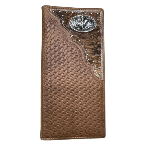 Urbalabs Mens Long Wallet Basketweave Leather Soft Leather Cow Hair Checkbook Style Cowboy Hand Crafted High End Mens Wallets Leather Bull Rider Rodeo Concho Gifts For Men (Brown)
