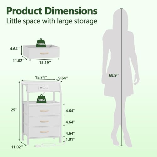 Furnulem Night Stand with Charging Station, 28.3 Inch Tall Bedside Table with PVC Drawers, End Table with USB Ports and Outlets, 3 Fabric Drawer Storage Nightstand for Bedroom, 3 Ways to Use, White