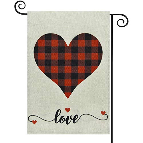 Valentinstag-Gartenflagge mit kostenlosem Anti-Wind-Clip, Sackleinen, doppelseitig, romantisches Liebesherz, Hofflagge, schwarz-weiße Streifen, Outdoor-Dekoration, 32.5 x 45.7 cm Cover