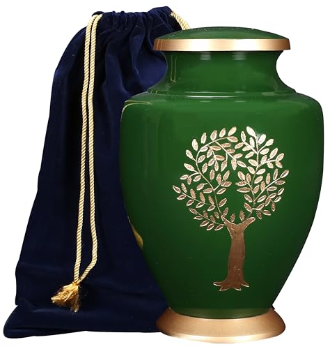 Image of Cremation Urns for Human Ashes Adult - Handcrafted Metal Funeral Urn with Tree Engraving & Velvet Carry Bag, Secure Screw Lid Memorial Burial Urn 11 Inches Height x 7 Inches Width (Green & Gold)