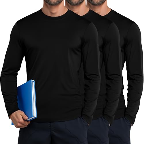 Neer 3 Pack Men's Long Sleeve Underscrub Tees Crew Neck Shirts Stretch Durable Undershirts Base Layers for Medical Uniforms(Black, Black, Black,Small)