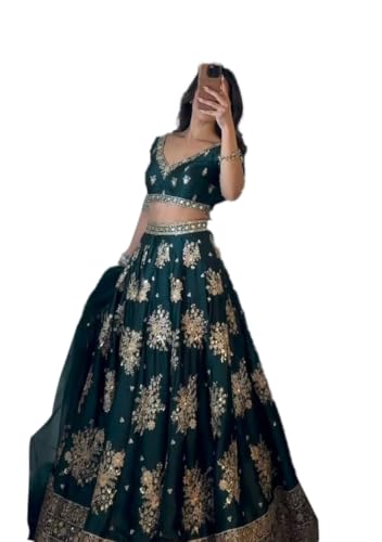 Indya Women's Green Satin Silk Blended Embroidered Lehenga Set with Half Sleeve V-Neck Choli and Dupatta