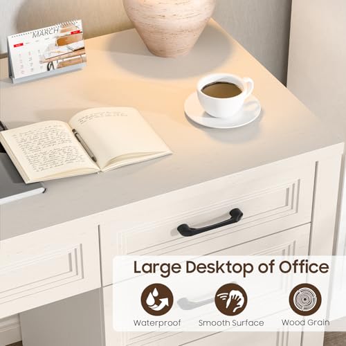 Image of Vabches Farmhouse Executive Desk with Storage and Ample File Drawer, Rustic Large Home Writing Desk for Bedroom, Pure White